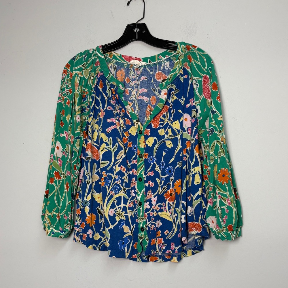 Anthropologie Floreat Mixed Floral Print Button Front Blouse Blue Green Large